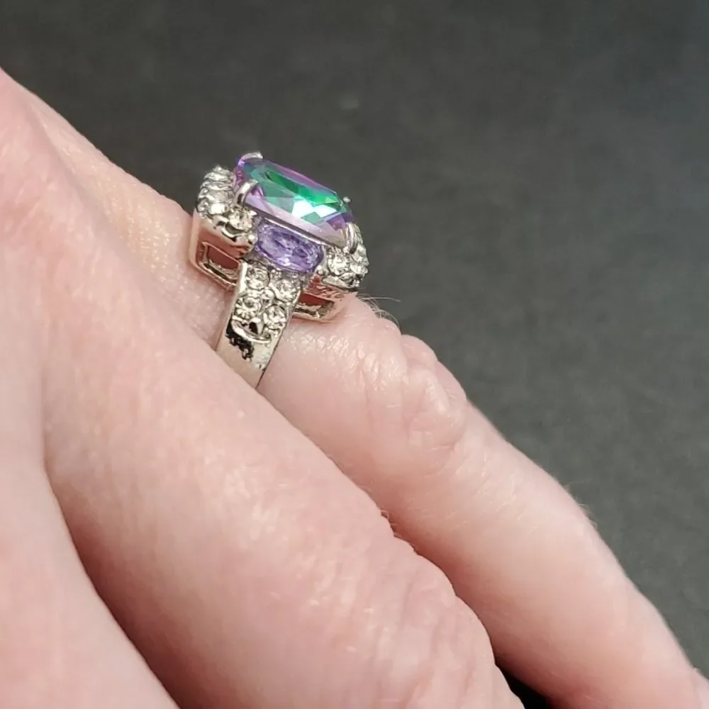 Silver tone rainbow rhinestone ring